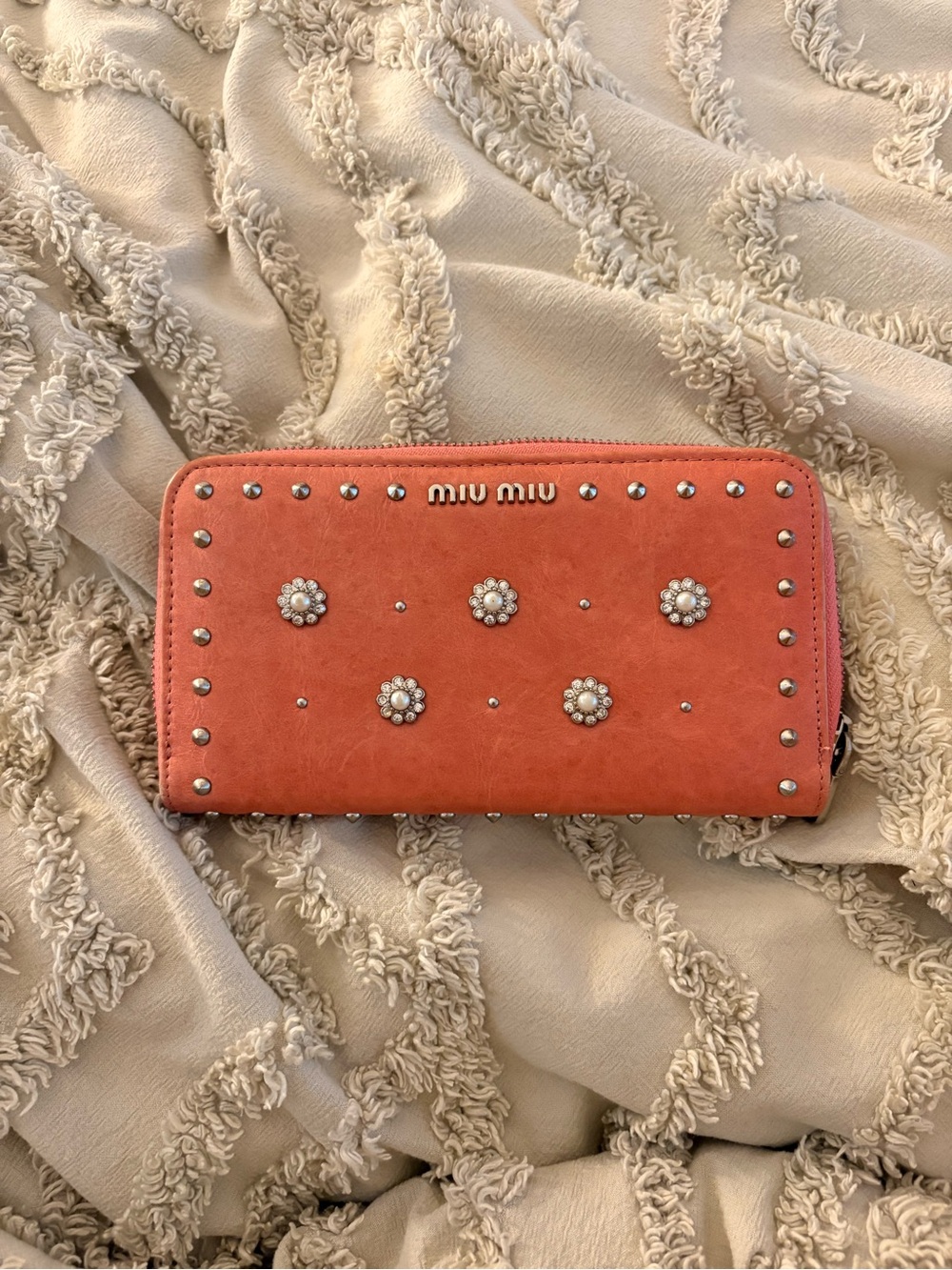 Miu Miu Studded Crystal Pearl Floral Leather Zip Around Continental Wallet